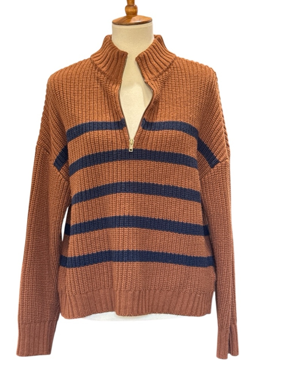 Sanctuary Rust & Navy Striped Half-Zip Turtleneck Sweater